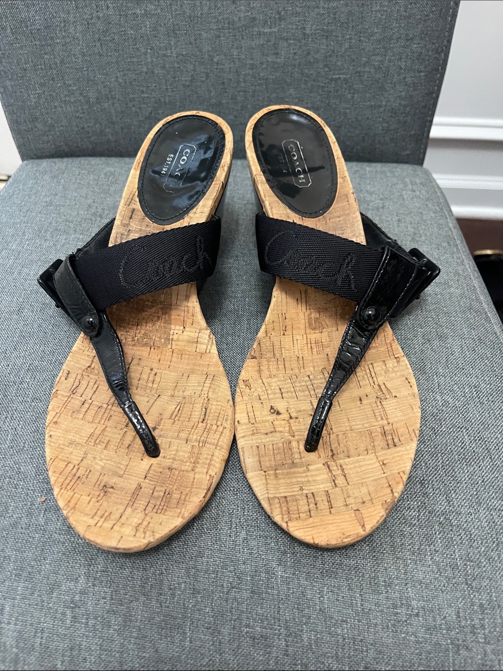 Coach Bernadette  Black Thong Sandals with Cork Footbed